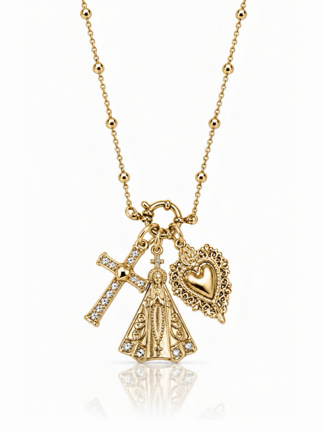 Collana Sancta di GLAMORIZE STUDIO, elegante collana con ciondolo in metallo e cristalli, su sfondo neutro.