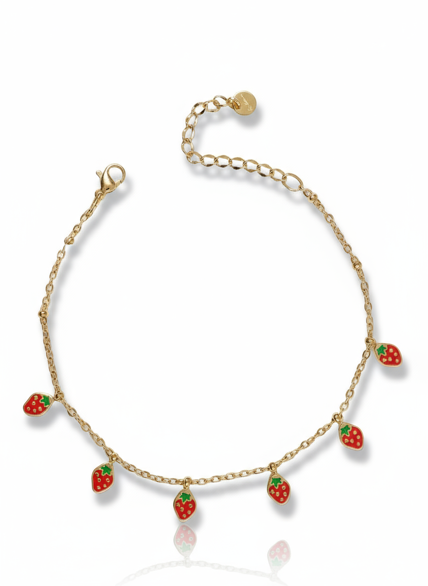 Cavigliera Fragola di GLAMORIZE STUDIO con dettagli decorativi rosa e bianco, mostra la cavigliera in primo piano.