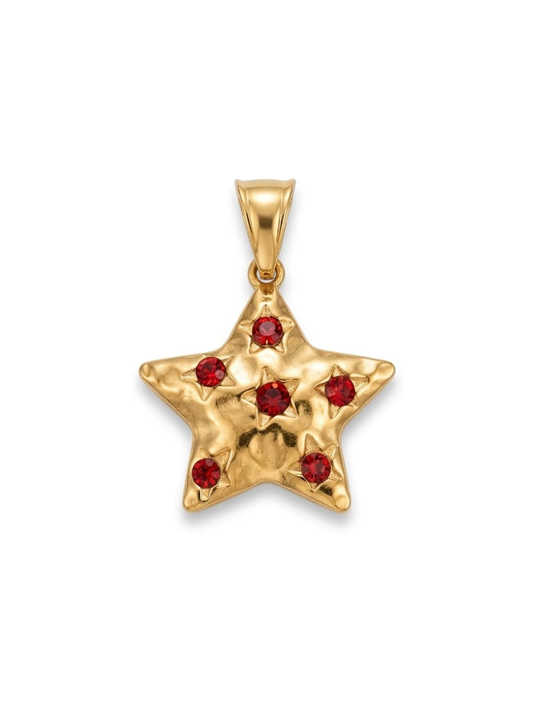 Ciondolo a forma di stella in oro con cinque pietre rosse incastonate, pendente glamour di marca GLAMORIZE.