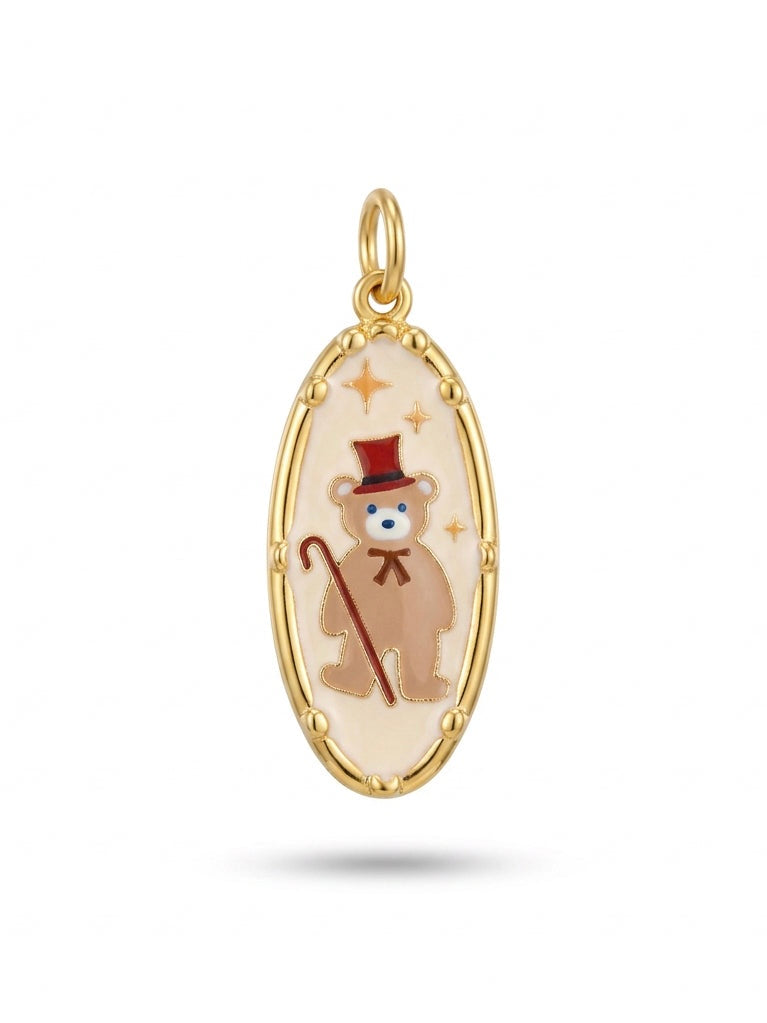 Ciondolo oresetto con orso in metallo dorato, decorato con fiocco, cappello rosso e bastone, cornice ovale, marchio Glamorize.